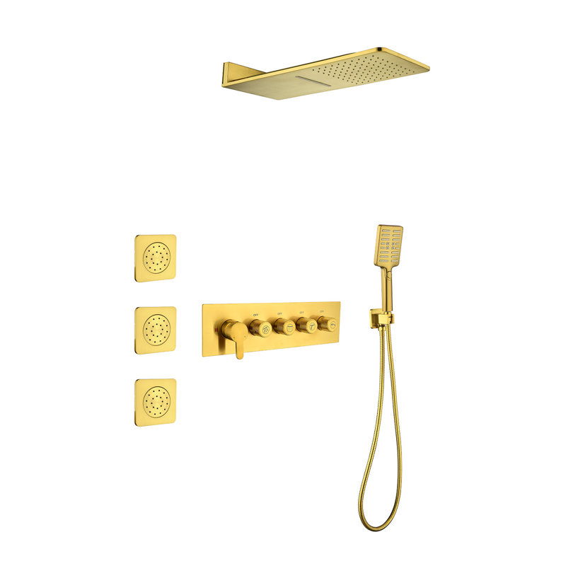 Robinet de douche cascade avec valve brute et 3 jets pour le corps, Or brossé