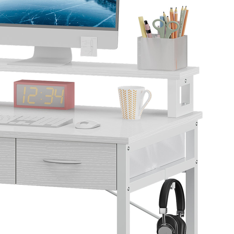 31.4'' W Small Computer Desk with Drawers, Monitor Stand & Hooks, White