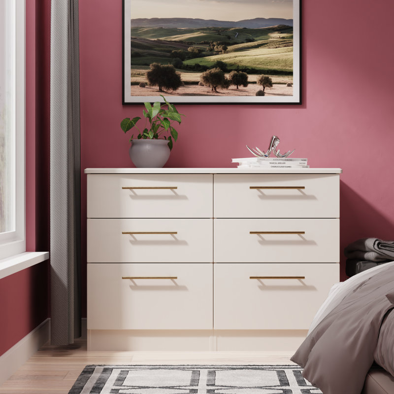 Fully Assembled Akaneden 6 Drawer 112Cm W Double Dresser, Cream