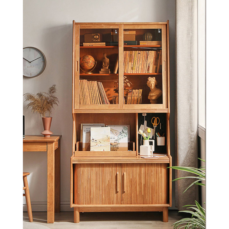 Modern Natural Wood Tall Bookcase with Glass & Fluted Doors