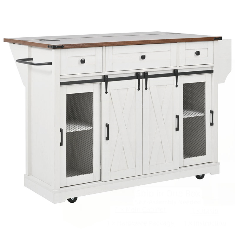 Farmhouse Kitchen Island with Storage, Sliding Barn Doors, Metal Grid Side Door, and Rolling Wheels for Versatile Use in Compact Kitchens