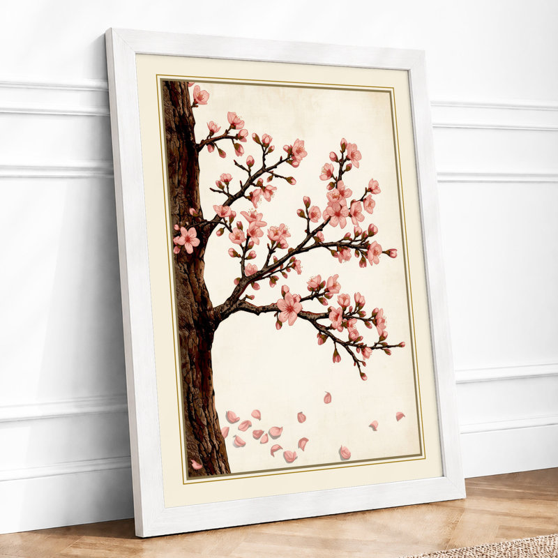 Cherry Blossom Branch Japandi - Framed Print, A2 - 59.4 x 42.0 cm, White