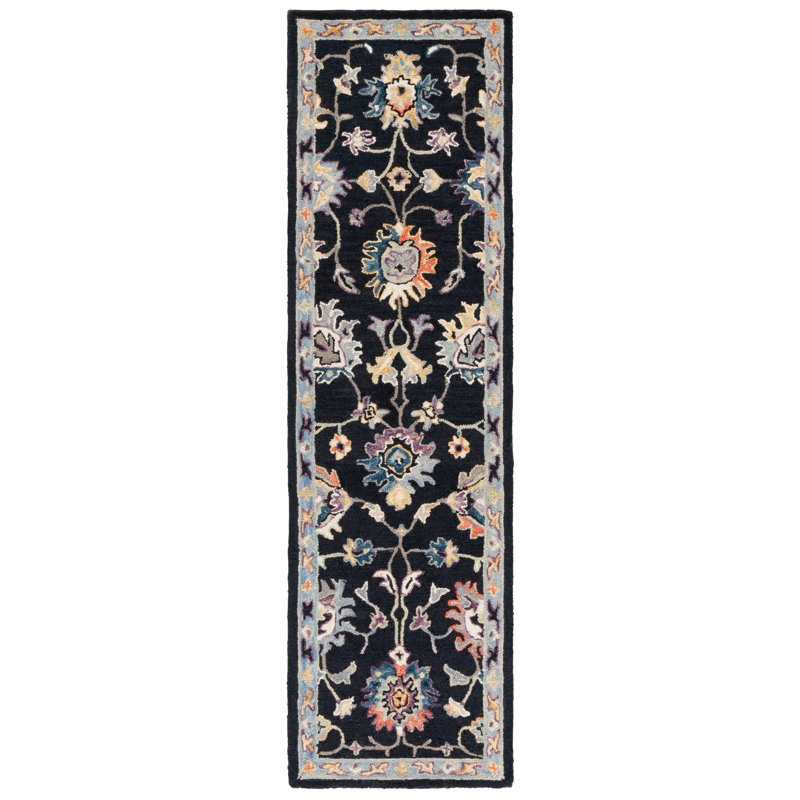 Shiverick Tufted Wool/Cotton Performance Floral Rug in Black/Blue, Runner 2'3" x 8'