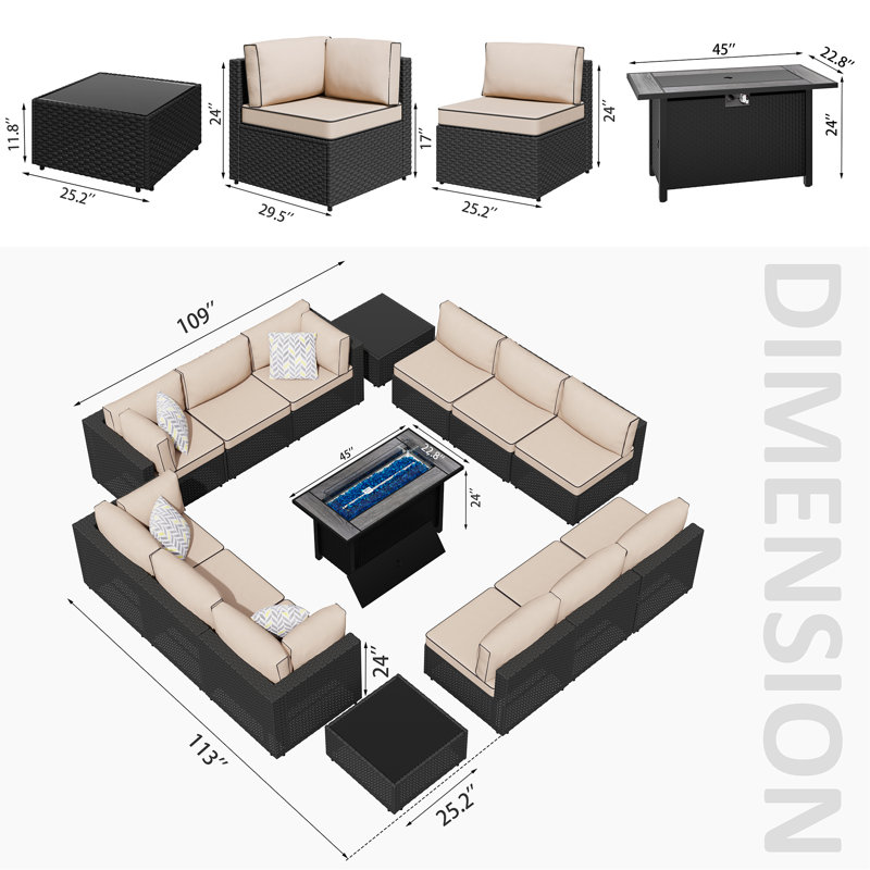  12 - Person Outdoor Patio Wicker Seating Group with Fire Pit Table, Khaki, Black