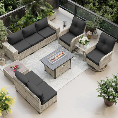 Ensemble de mobilier d'extérieur 10 pièces avec fauteuil pivotant à bascule, canapé modulaire en rotin de rotin PE et table basse 55 000 BTU Muphyer