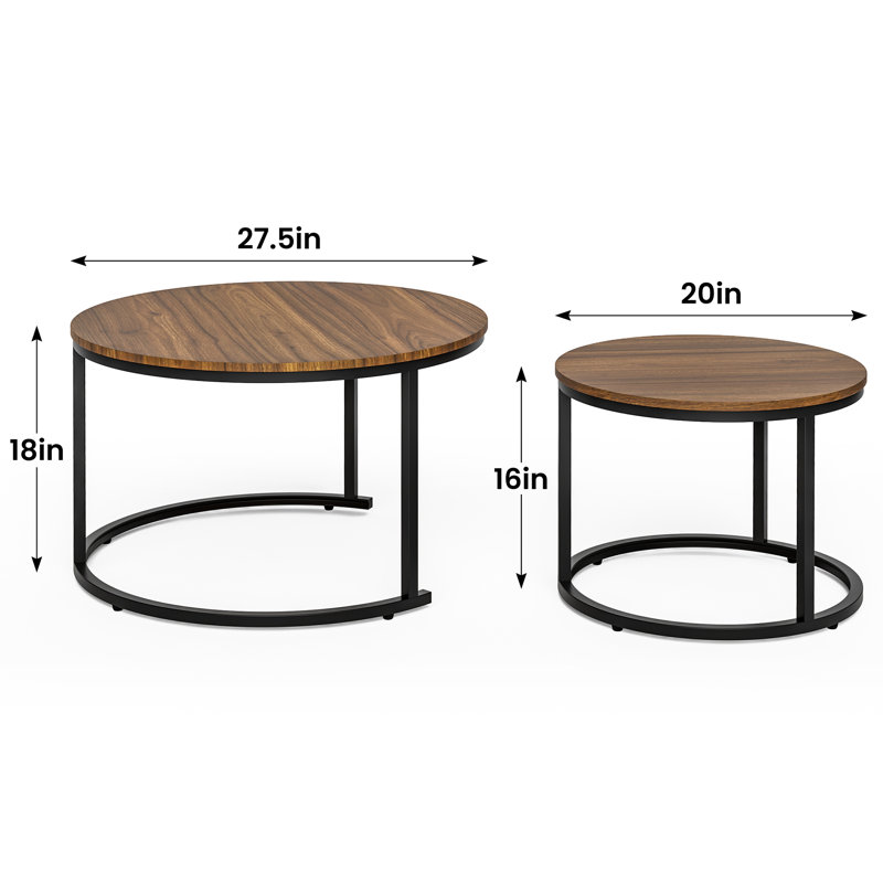 Top Nesting Coffee Tables, Round Living Room End Tables with Metal Base, Black, Black