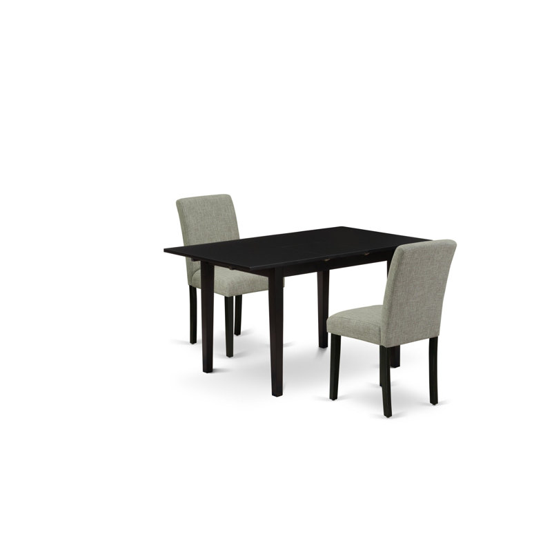 L'ensemble de mobilier de salle à manger 3 pièces contient une table de cuisine rectangulaire à feuilles papillon et 2 chaises rembourrées en tissu Shitake, noir