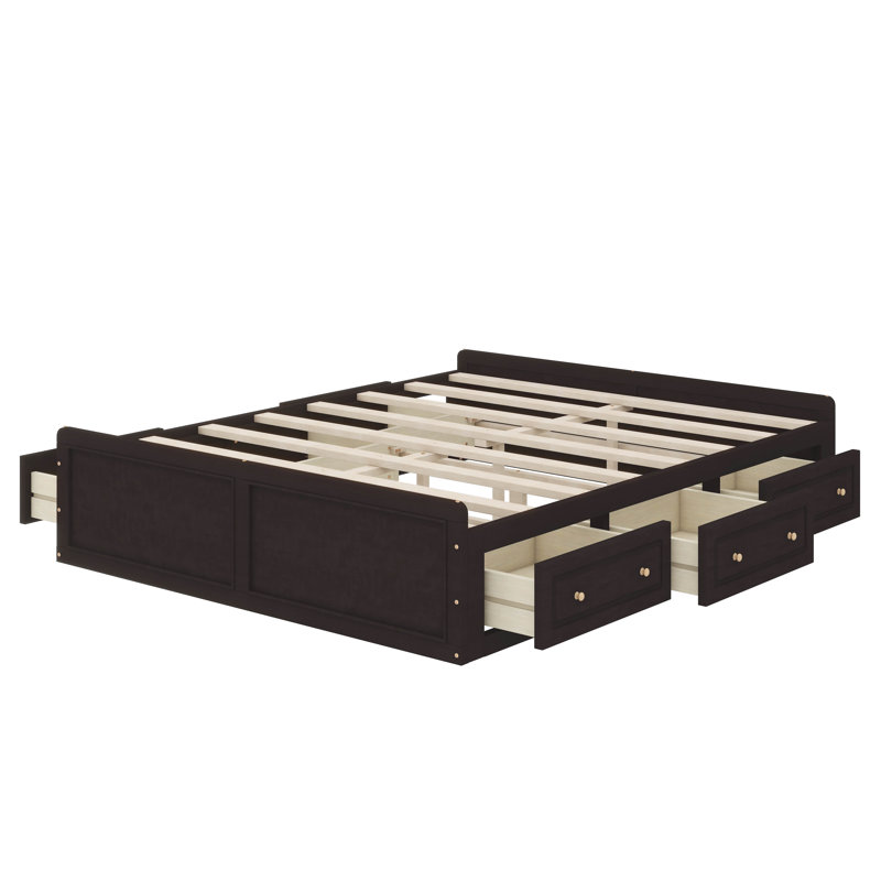 Wood Platform Bed Frame For Queen Size With Six Drawers, Espresso