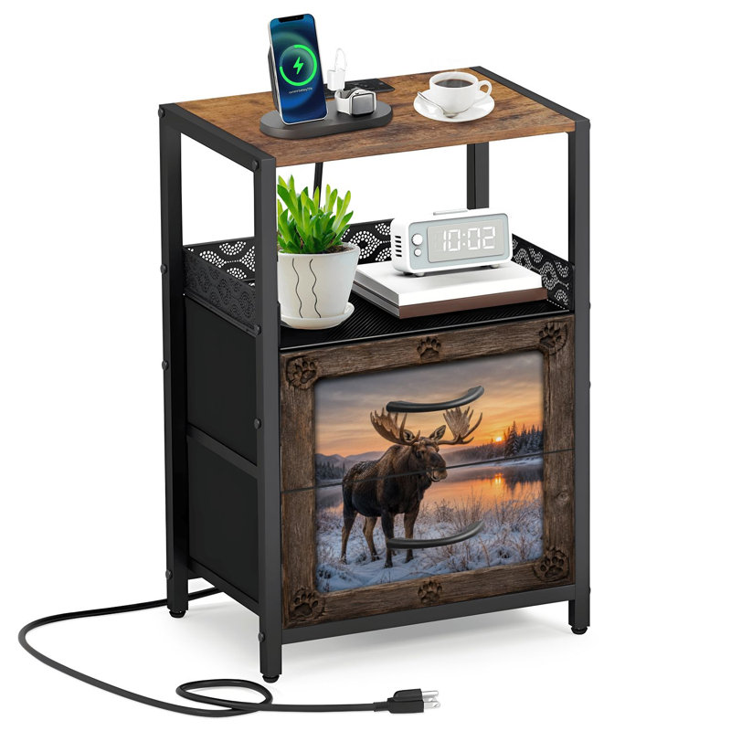 Table de chevet 2 tiroirs en tissu avec station de charge Moose debout Snowy Forest Sunset