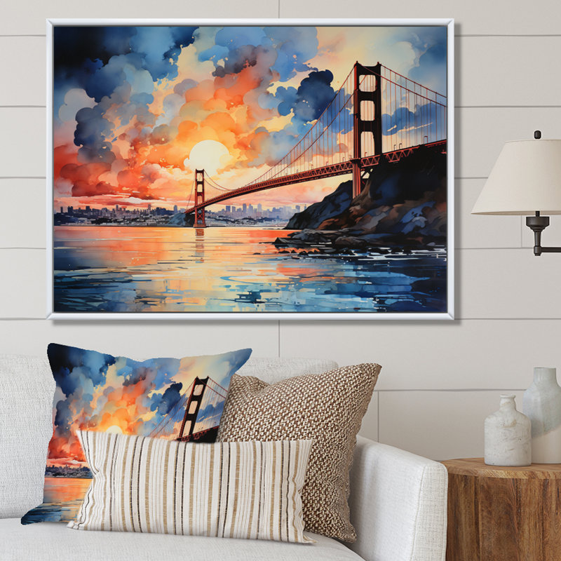 Pont orange Edenrose Golden Gateway VII - impression, H 24 po x l 32 po x P 1 po, Cadre flottant blanc