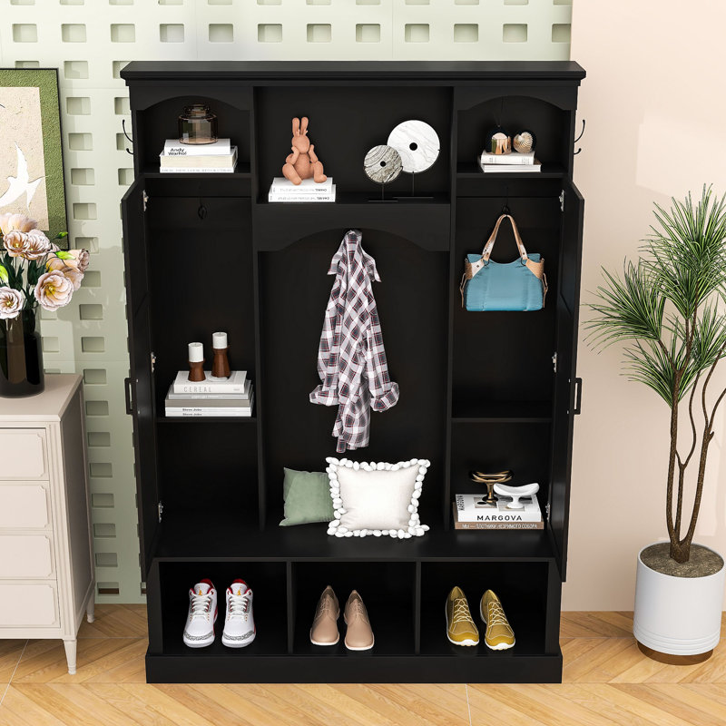 Hall Tree with Adjustable Shelves, Storage Bench and 7 Hooks, Black