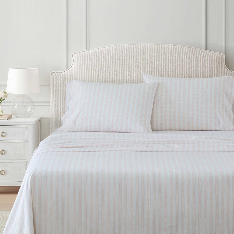 Martha Stewart Cotton Percale  Sheet Set, Twin Sheet Set with 1 Pillowcase, Leaf Stripe Pink