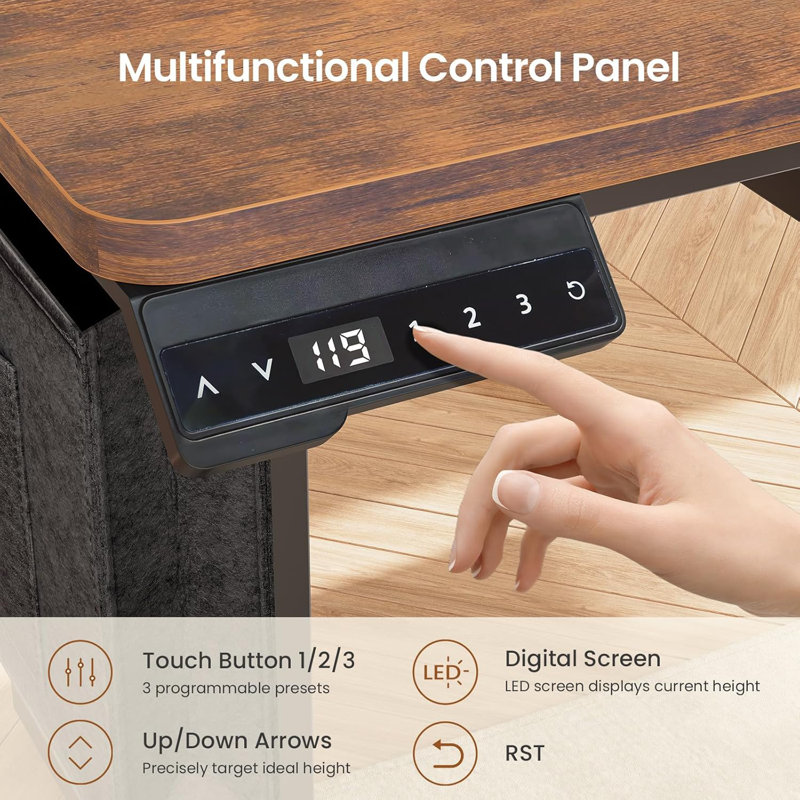 Adjustable Height L-Shaped Standing Desk with Built-In Electrical Outlet, Brown/Black