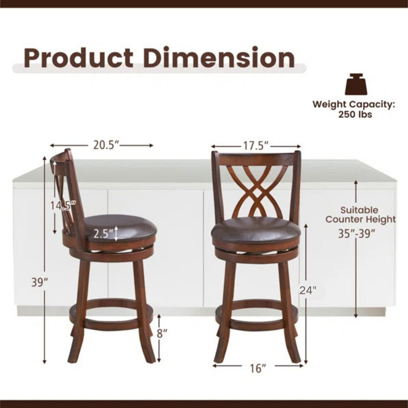 Red Barrel Studio Swivel Counter Height Dining Pub Chairs with Rubber Wood Legs, Counter Stool (24” Seat Height), 2