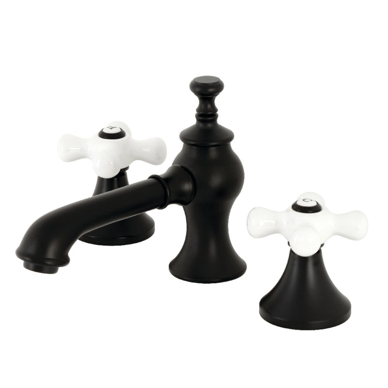 Kingston Brass Vintage Two-Handle 3-Hole Deck Mount Widespread Bathroom Faucet with Brass Pop-Up Drain, Matte Black/White