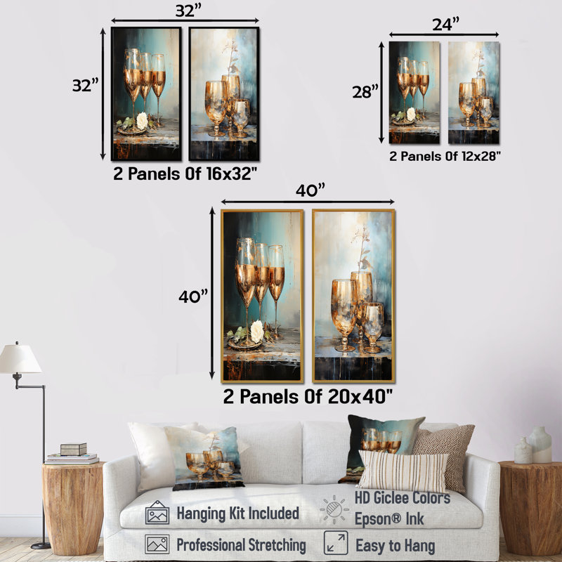 Ensemble de 2 impressions sur toile beige et bleu sarcelle Champange, H 28 po x l 25 po, Toile tendue