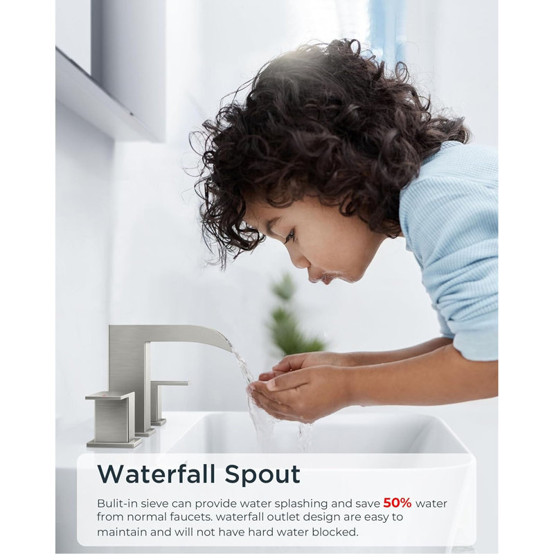 Robinet de salle de bain central 8 pouces - installation à 3 trous, bec cascade avec drain escamotable en métal et conduites d'alimentation, robinet de lavabo à deux poignées pour lavabo