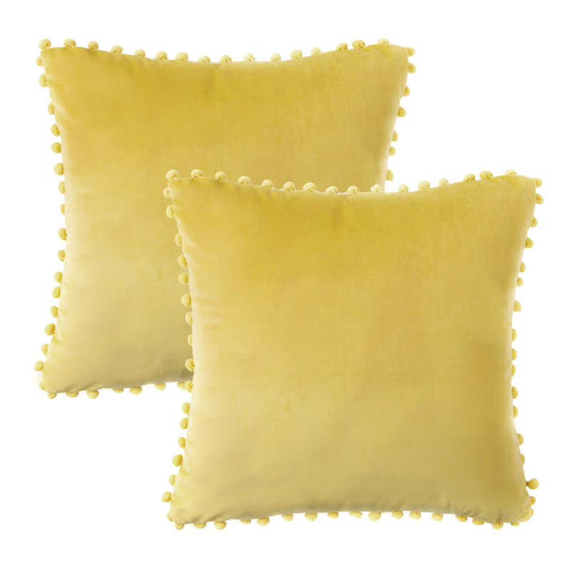 Coussin Silky Velvet Series Pom-poms, Carré 18 po, Jaune, Housse de coussin et insert