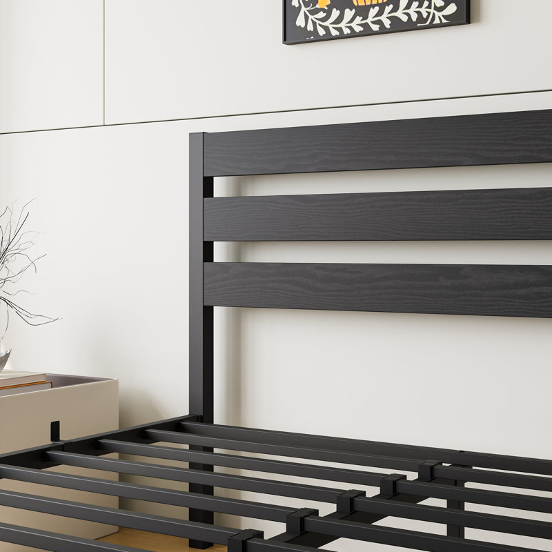 Structure de lit plateforme double avec tête de lit en bois rustique rétro, sans sommier noir, Lit double