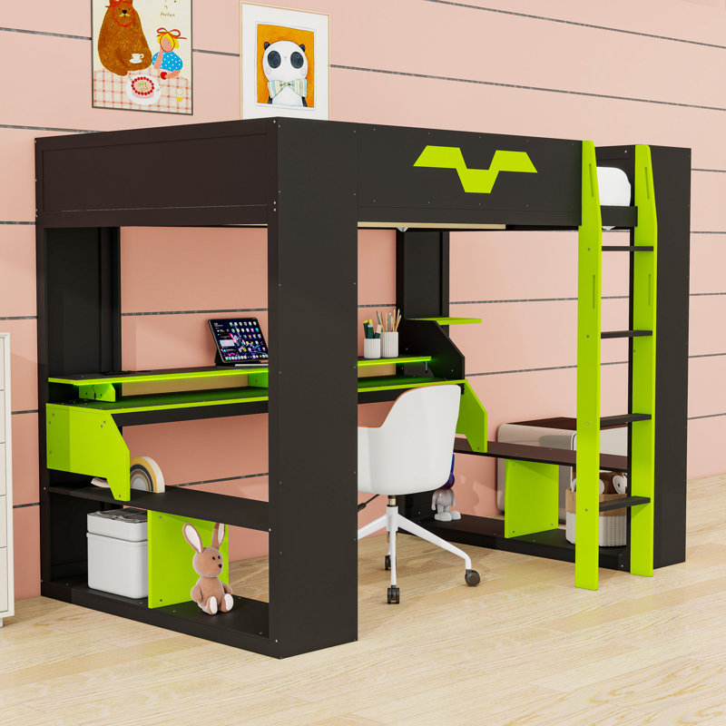 Full Wooden Loft Bed with Workspace, Power Hub, and Gaming RGB Lights, Green