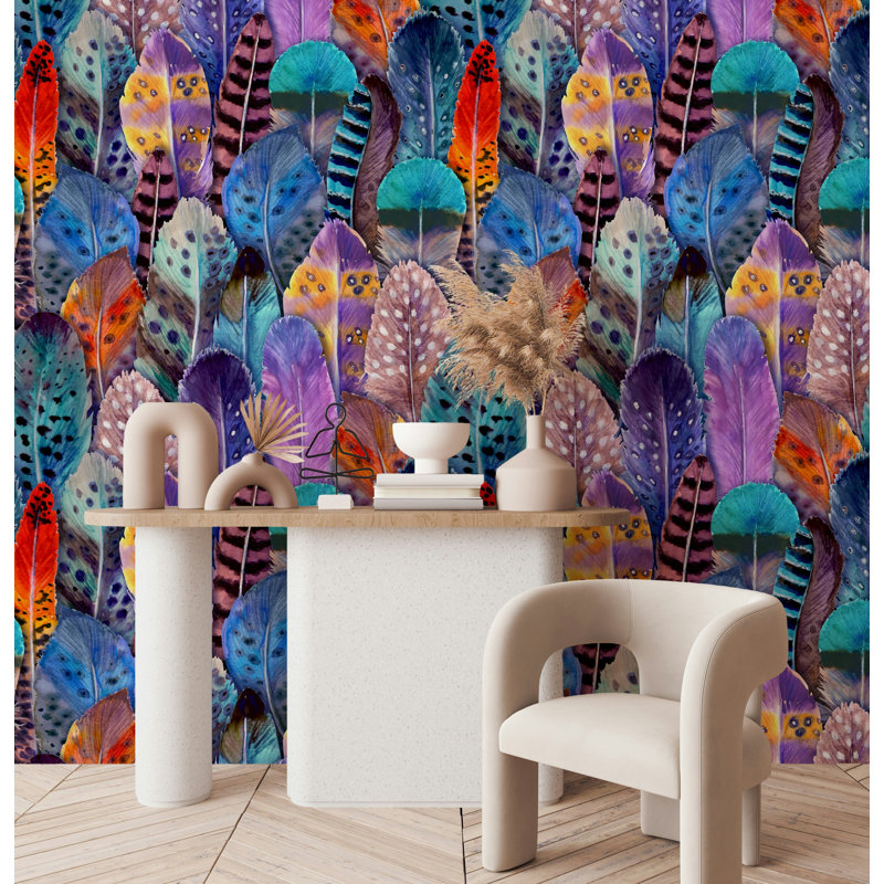 Papier peint à motif de plumes colorées Boho, L 100 po x l 150 po