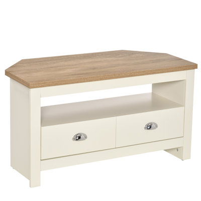 Meuble télé d'angle, console de divertissement avec tiroirs et compartiment de rangement ouvert pour le salon
