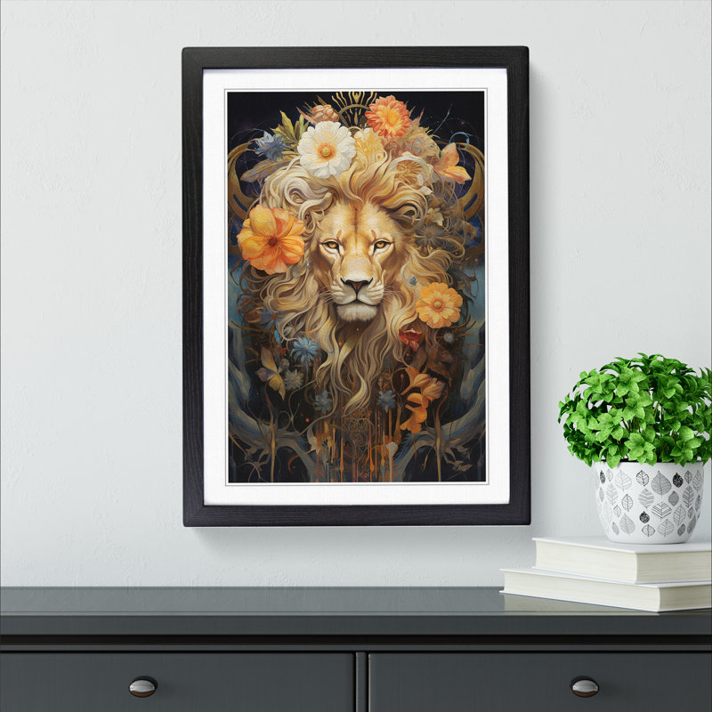 Leo Zodiac Contemporary - Single Picture Frame Print on Wood, 46cm H x 34cm W x 2cm D, Black Framed