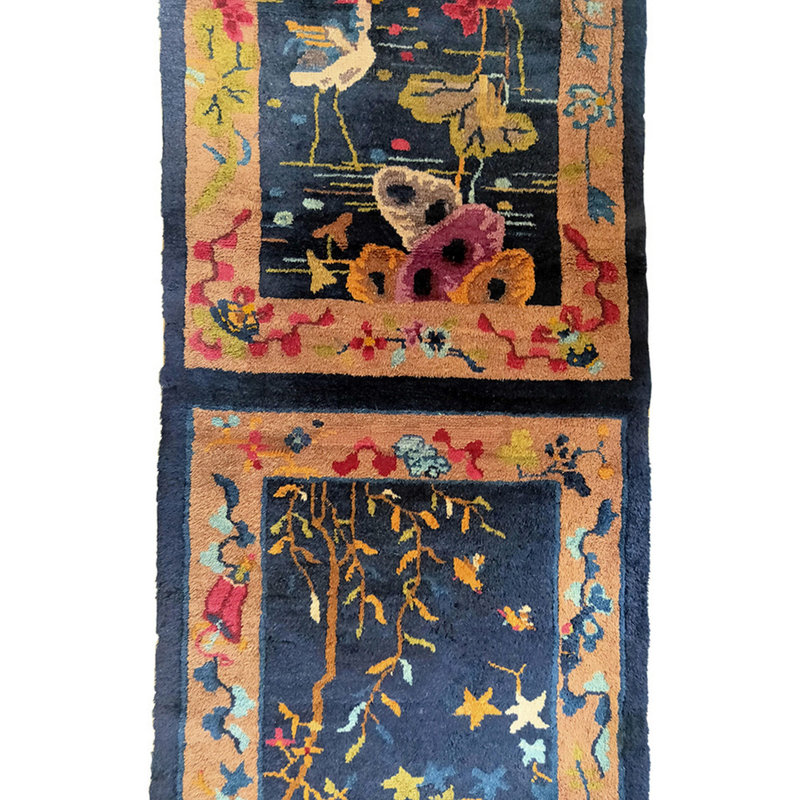 Blue Antique Art Deco Floral Pattern Chinese Hallway Runner Wool Rug
