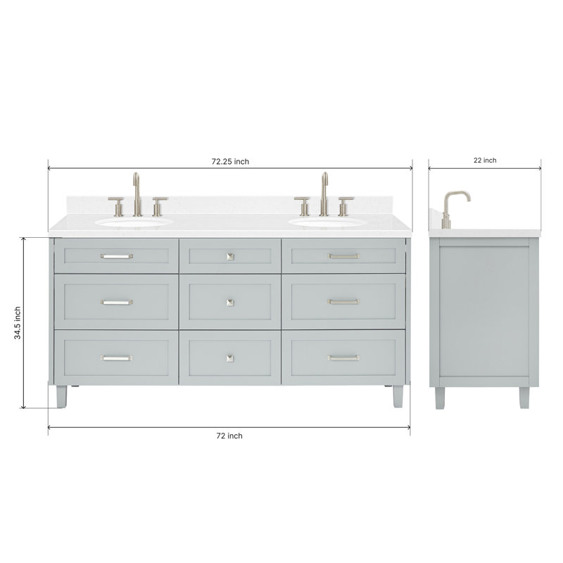 ARIEL Monroe 72 Double Sink Bathroom Vanity with Carrara Quartz Top, Gray