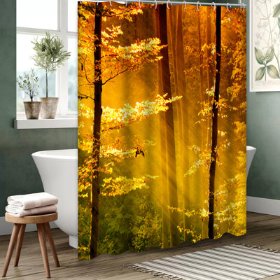 Luminous Forest Shower Curtain with 12 Hooks - Autumn Sunrise & Ethereal Light Art