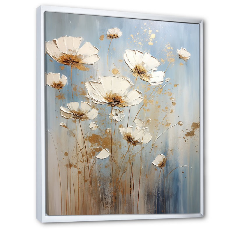 Fleurs sauvages beiges élégance florale sur toile, H 44 po x l 34 po x P 1,5 po, Cadre flottant blanc