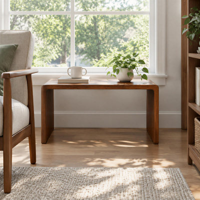 Two in One Convertible End Table and Coffee Table with C Shape Profile, Walnut Finished Rubber Wood and Oak Wood Type, Contemporary Floor Mounted Construction, Measures 26.8 Inches Deep by 12 Inches Wide by 13.8 Inches High, Weighs 16.53 Pounds