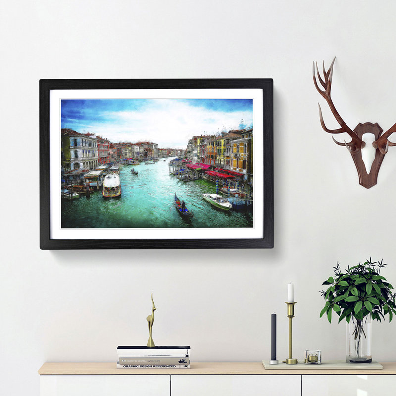 Gondolas in Venice Italy - Picture Frame Graphic Art Print, Black Framed, 62cm H x 87cm W x 2cm D