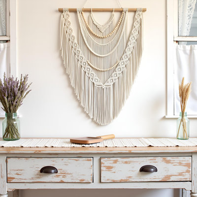 Large Macrame Wall Hanging, 27'' W X 36'' L Boho Art Tapestry Wall Decor For Urban Entryway,Living Room,Bedroom Decor, Headboard Woven, Big Fibre Art Over Couch (Wood Bead)