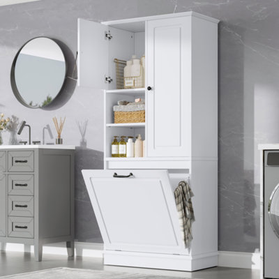 Tall Storage Cabinet With Adjustable Shelves, Large Flip-Out Basket & Enclosed Cabinets – Perfect For Bathroom, Living Room, Or Office, MDF Material With Aluminum Alloy Handles