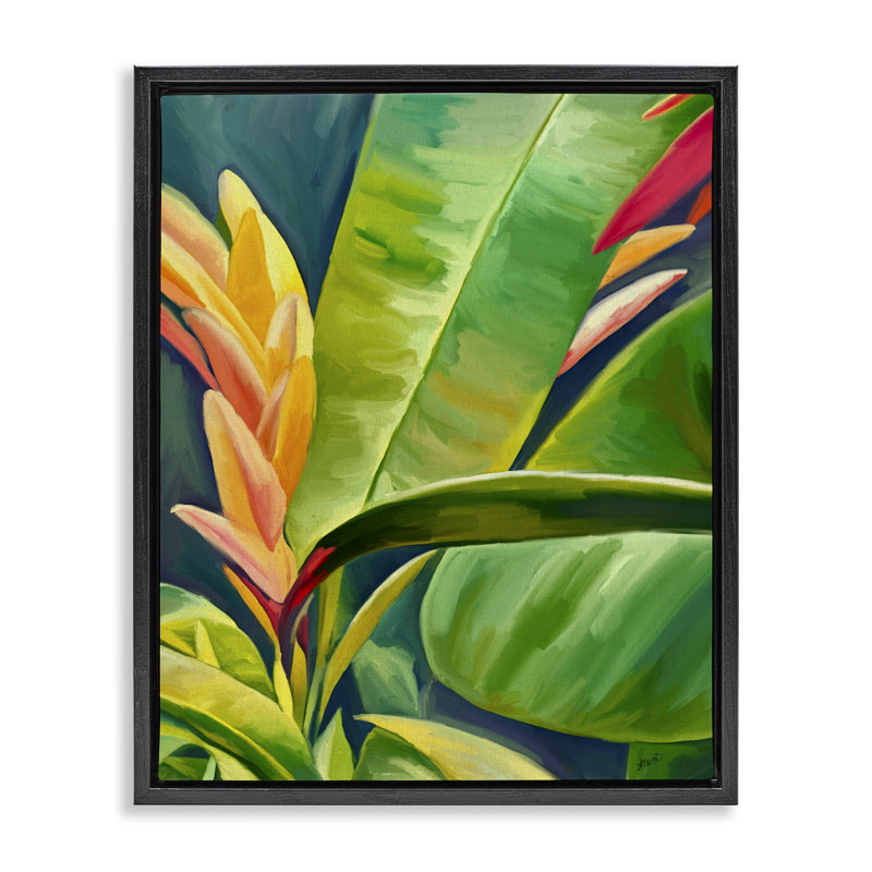 «Bright Tropics Greenery» par Amy Hall, Cadre flottant noir de jais, H 21 po x l 17 po