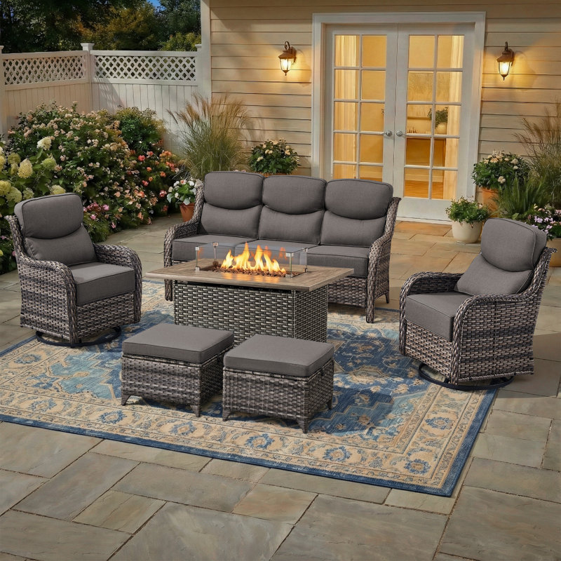 7 - Person Luxury Wicker Patio Furniture Set With Fire Pit Table & 6-Inch Extra-Thick Cushion Swivel Chairs, Gray, Gray