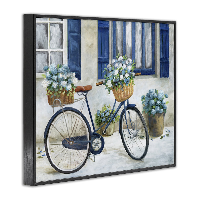 Vélo et maison de campagne, estampe numérique, design par Nan, H 11 po x l 14 po, Giclée encadrée noir minuit