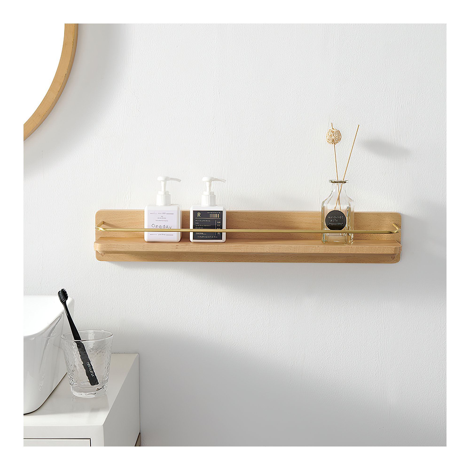 Dandre Modern Brass Wooden Shelf, Natural, 3.2" H x 24" W x 5.6" D
