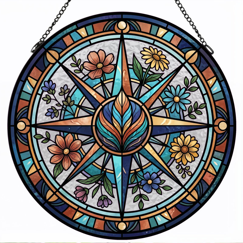 Vitrail floral boussole ， 7,8H, 7.8"H