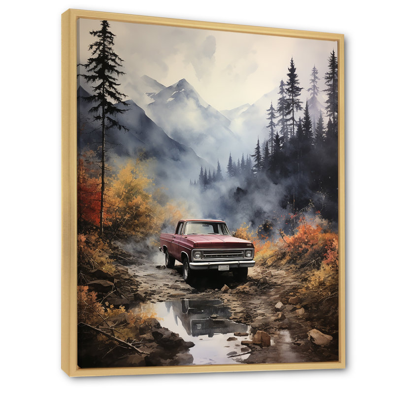 Yve Brown Pickup Truck Misty Mountains sur impression sur toile, H 40 po x l 30 po x P 1,5 po, Cadre naturel flottant