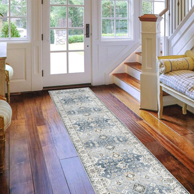 Washable Hallway Rug: Non Slip Rugs with Rubber Backing Soft Kitchen Rug Farmhouse Distressed Carpet Runner for Living Room Bedroom Bathroom (Black)