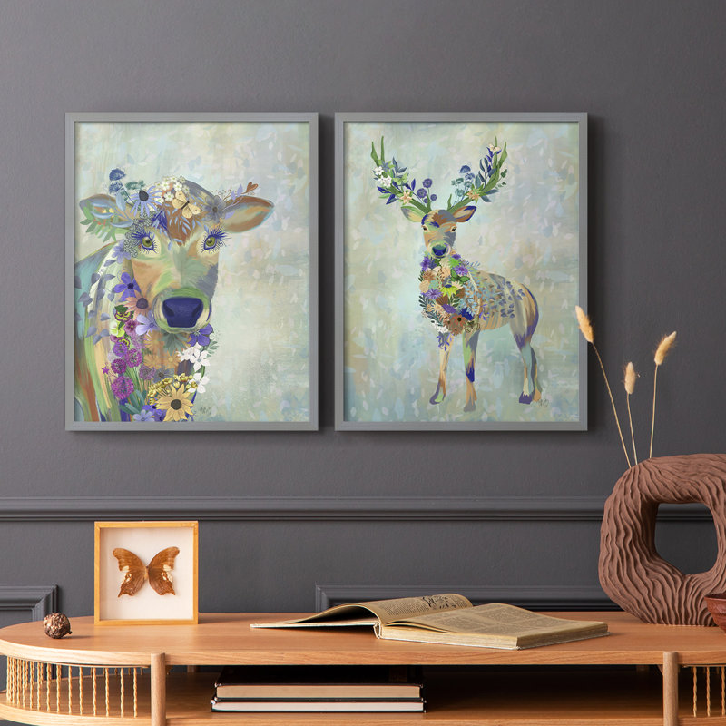 Fantastic Florals Cow - reproduction encadrée de qualité supérieure - prête à être accrochée - aucun clou requis - aucun clou requis