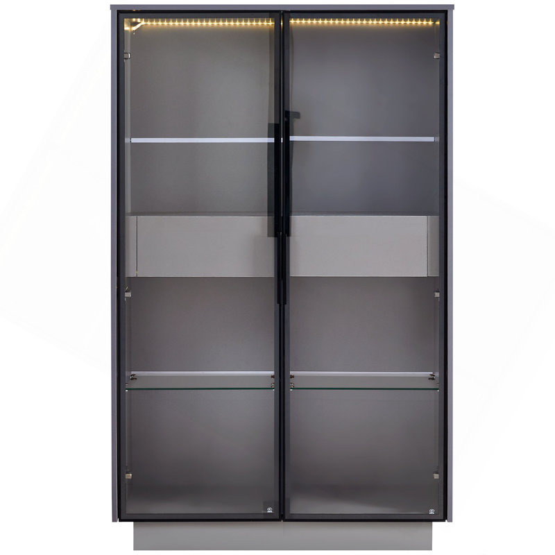 Vitrine de porte en verre autoportante de 60,6 po, bibliothèque avec 2 tiroirs de rangement, garde-manger avec éclairage DEL et tablettes réglables, pour les couloirs, la cuisine, le salon et le bureau - Gris
