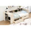 Lit plateforme simple en bois de couleur crème avec tablettes de rangement, tiroirs et station de charge, tête de lit tapissier ornement, tête de lit