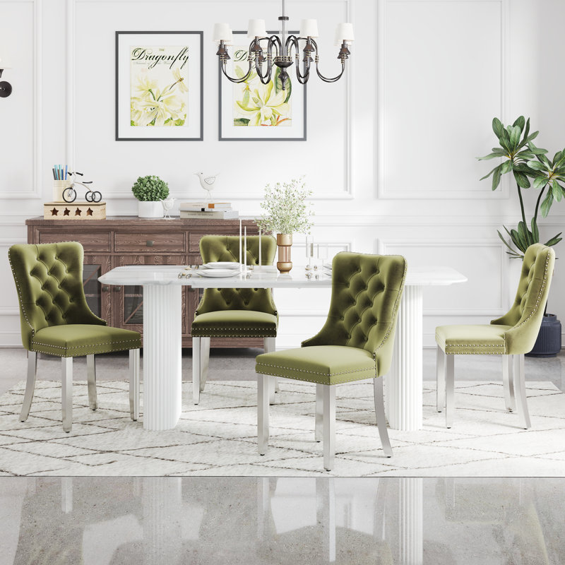 Ensemble de salle à manger rectangulaire en bois avec chaise capitonnée, 5, Vert olive