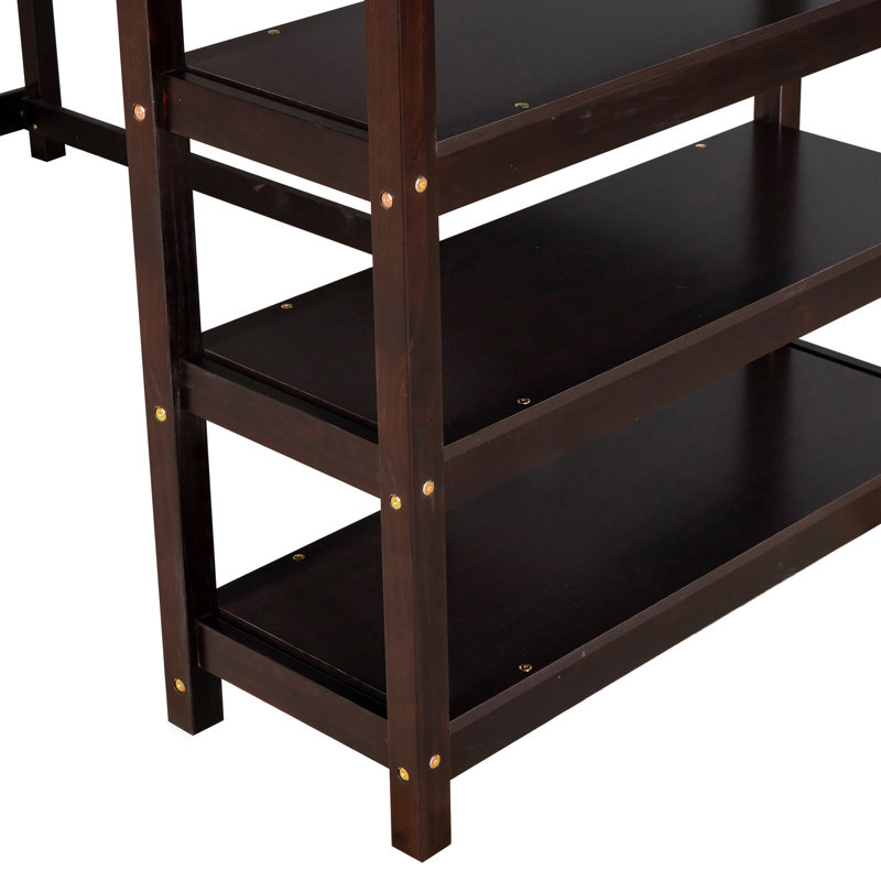 Lit mezzanine avec tablettes de rangement et bureau sous le lit, Simple, Espresso
