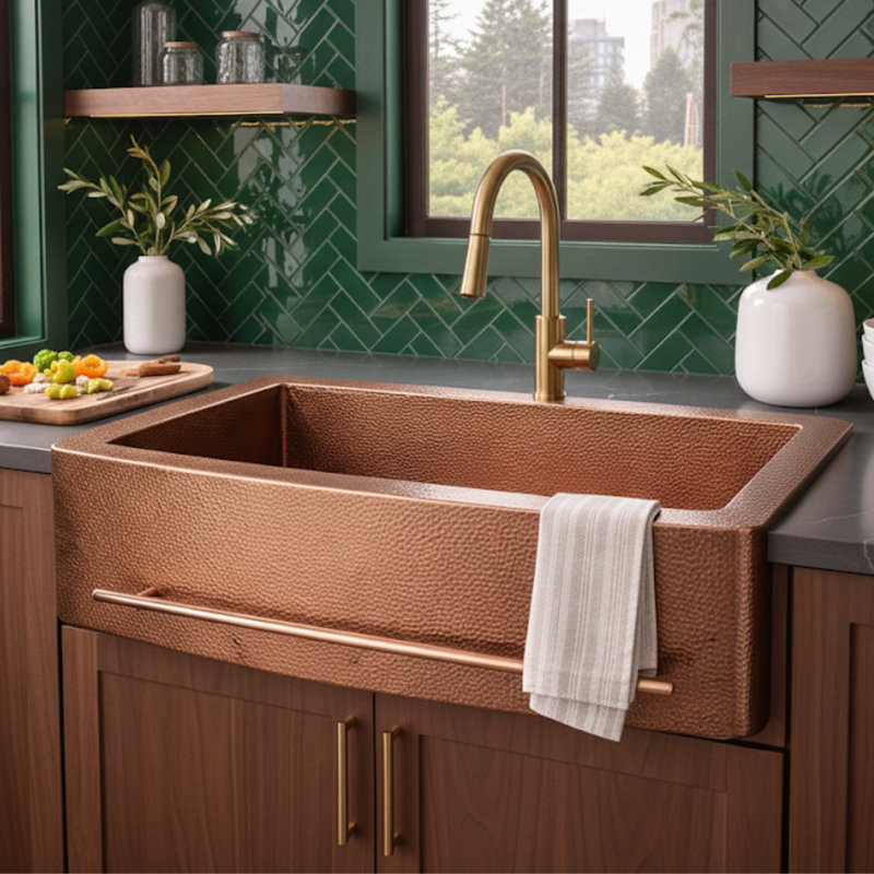 Ambiente 33x22" Farmhouse Apron Front Copper Kitchen Sink – Single Bowl, Drop-In, Hammered Bronze Finish