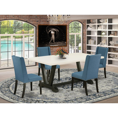 5-Pc Set Consists of a Linen White Dining Room Table and 4 Mineral Blue Linen Fabric Parson Chairs - Wire Brushed Black Finish