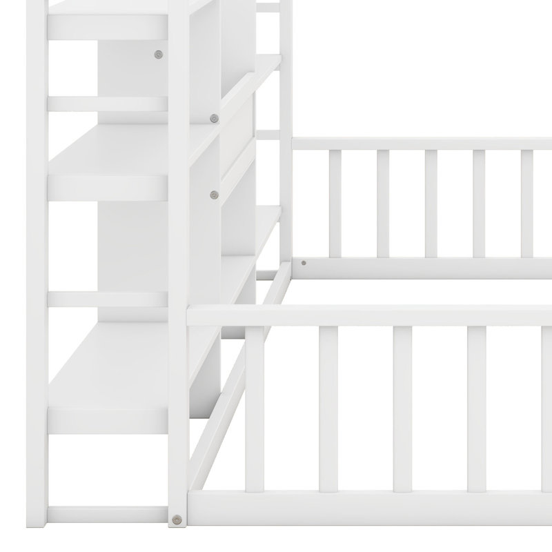 Lit de clôture en bois avec garde-corps et tablettes de rangement à 3 niveaux, lit Montessori avec bibliothèque, Lit simple